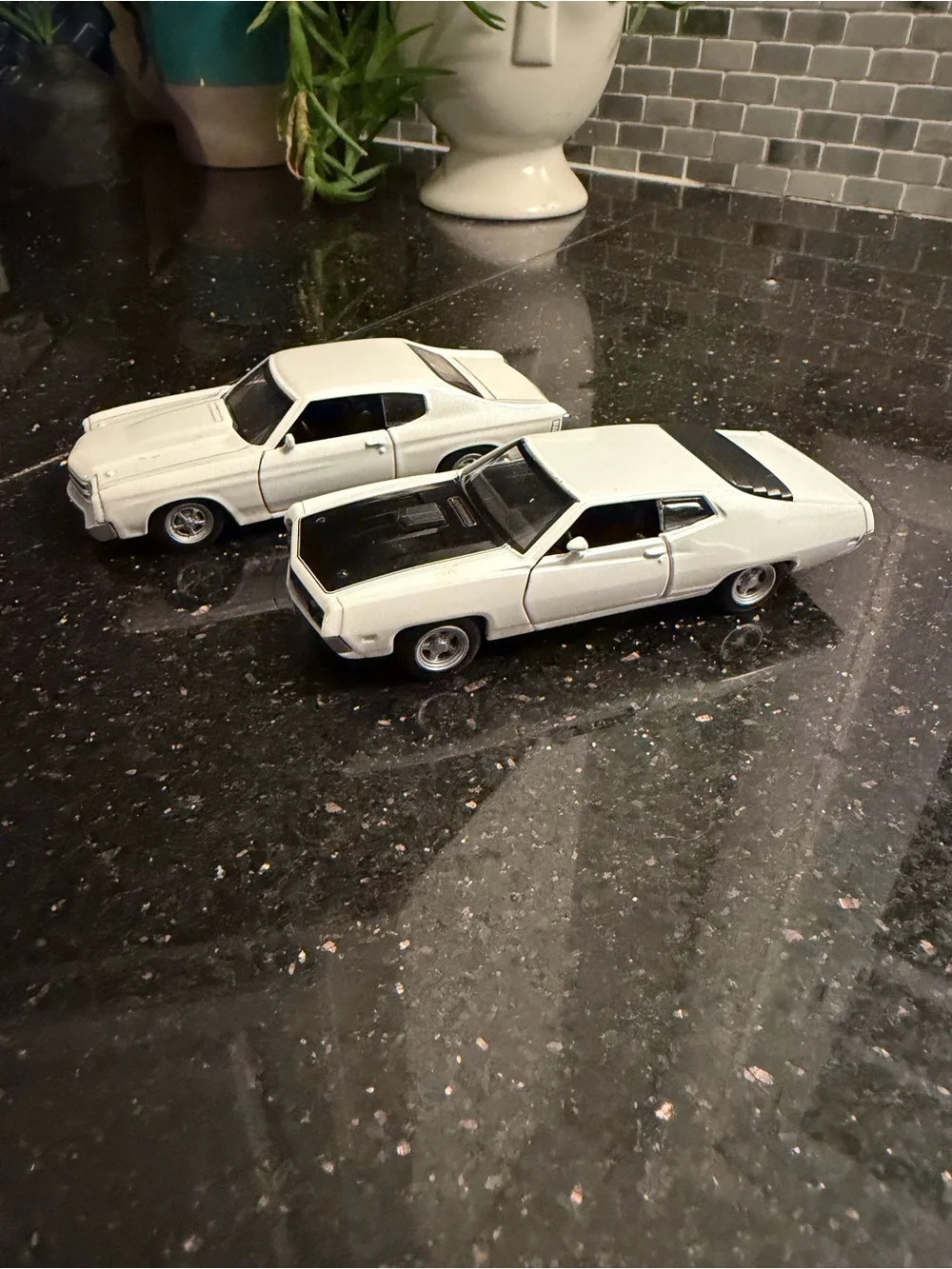 Pair White Die-Cast Friction Classic Ford & GM Vehicles